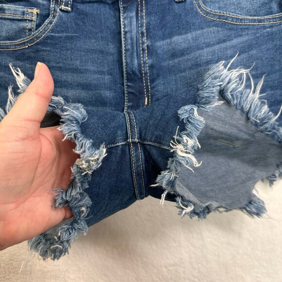 Kancan Cutoff Fringe Hem Jean Shorts Blue Stretchy Beach Vacay Boho Size 28 - Picture 4 of 7